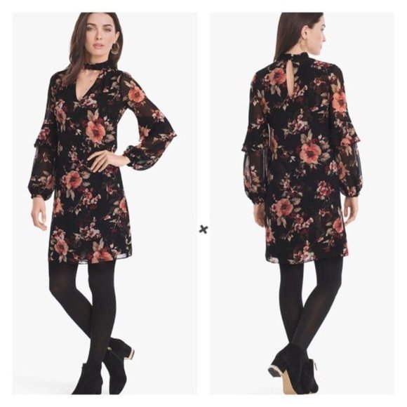 "WHITE HOUSE BLACK MARKET" LONG SLEEVE FLORAL CHOKER SHIFT DRESS SIZE: SP NWT - Picture 2 of 10